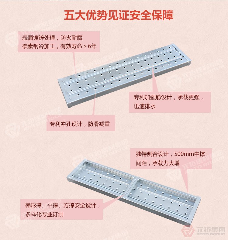 元拓 河北熱鍍鋅鋼跳板 可定制帶掛鉤鍍鋅腳手板 質(zhì)量可靠 供應(yīng)直銷 五大優(yōu)勢見證安全保障，表面鍍鋅處理，防火耐腐，碳素鋼冷加工，壽命大于6年，加強(qiáng)筋設(shè)計(jì)，專業(yè)沖孔，防滑設(shè)計(jì)，