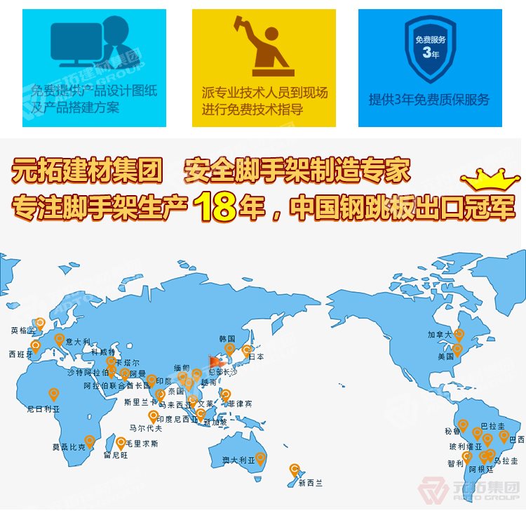 元拓建材集團(tuán)，安全腳手架制造專家！專注腳手架生產(chǎn)18年，中國鋼跳板出口冠軍！